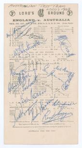 &lsquo;The Ashes&rsquo;. England v Australia 1948. Official scorecard for the second Test match played at Lord&rsquo;s on 24th-29th June 1948. The scorecard, with fully printed detail until the end of the third day, very nicely signed in ink by all seventeen members of th