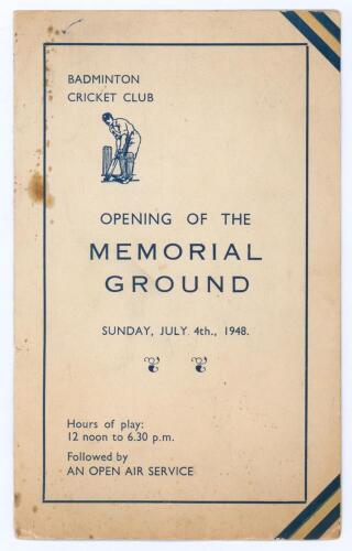 Duke of Beaufort&rsquo;s XI v Tom Goddard&rsquo;s XI 1948. Tom Goddard benefit match. Official folding card programme for the match to commemorate the &lsquo;Opening of the Memorial Ground&rsquo; at the Badminton Cricket Club on 4th July 1948. Nicely signed to the centre pages b