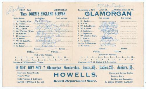 Thos. Owen&rsquo;s England Eleven v Glamorgan 1948. Official folding scorecard for the match played at Cardiff Arms Park 28th & 29th April 1948. Players names listed at start of play. The scorecard signed by nineteen players including the full England team. Sig