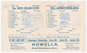 Thos. Owen&rsquo;s England Eleven v Glamorgan 1948. Official folding scorecard for the match played at Cardiff Arms Park 28th & 29th April 1948. Players names listed at start of play. The scorecard signed by nineteen players including the full England team. Sig