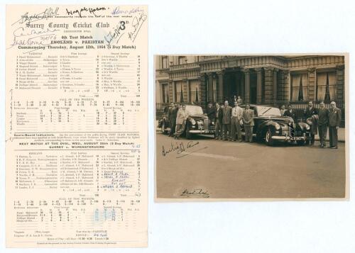 Pakistan inaugural tour to England 1954. Official scorecard for the 4th (final) Test at Kennington Oval, 12th- 17th August 1954 with complete printed and neatly handwritten scores in ink. Pakistan (133 & 164) beat England (130 & 143) by 24 runs. Fazal Mah