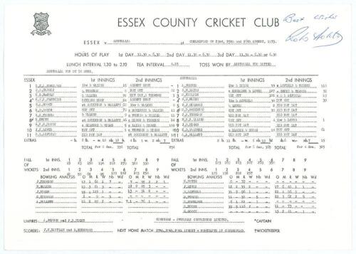 Australian tour to England 1975. Robin Nicholas Stuart Hobbs. Essex, Glamorgan & England, 1961-81. Official Essex C.C.C. single sided scorecard with complete printed scores for the tour match Essex v Australians played at Chelmsford, 23rd- 26th August 197