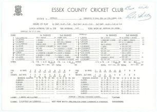 Australian tour to England 1975. Robin Nicholas Stuart Hobbs. Essex, Glamorgan & England, 1961-81. Official Essex C.C.C. single sided scorecard with complete printed scores for the tour match Essex v Australians played at Chelmsford, 23rd- 26th August 197