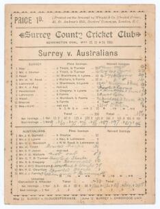 Australia tour to England 1890. &lsquo;Surrey v. Australians&rsquo;. Early original double-sided scorecard for the tour match played at Kennington Oval 22nd- 24th May 1890. Printed and handwritten scores in pencil complete to the close of the second day&rsquo;s play. Surre
