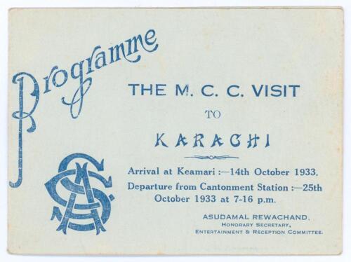 Bryan Herbert Valentine. Kent, Cambridge University & England 1927-1948. M.C.C. tour of India & Ceylon 1933-34&rsquo;. Small official &lsquo;Programme for The M.C.C. Visit to Karachi&rsquo;. The 6pp programme, plus covers, with titles in blue to front cover &lsquo;Sind Cricket A