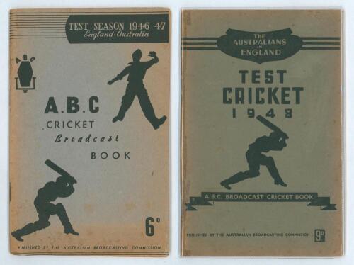 A.B.C. Cricket Books for the M.C.C. tour of Australia in 1946/47 and the Australian tour of England 1948. Both published by the Australian Broadcasting Commission. Some age toning to covers otherwise in good condition. Qty 2