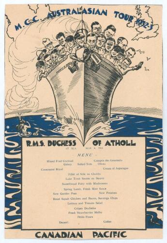 M.C.C. Tour to Australia, 1932/33 &lsquo;Bodyline&rsquo;. Official Canadian Pacific &lsquo;R.M.S. Duchess of Atholl&rsquo; Dinner menu, dated 4th May 1933. The two colour menu cover, in blue and black, with an excellent cartoon drawing by &lsquo;Mel&rsquo; of the England team on the return 