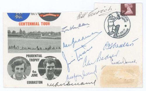 Australian Centennial Tour 1877-1977. Official commemorative cover of the 2nd Prudential Trophy one day international match played at Edgbaston 4th June 1977. The cover signed to the front by nine former Test players. Signatures are Don Bradman, Bill Edri