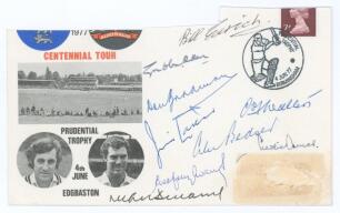 Australian Centennial Tour 1877-1977. Official commemorative cover of the 2nd Prudential Trophy one day international match played at Edgbaston 4th June 1977. The cover signed to the front by nine former Test players. Signatures are Don Bradman, Bill Edri