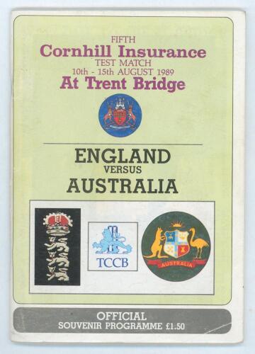 The Ashes. England v Australia 1989. Official programme for the 5th Test, Trent Bridge 10th- 15th August 1989. Signed to the player profile pages by nineteen players. Signatures are Gower, Cook, Fraser, Hemmings, Moxon, Russell, Small, Smith (England), Bo