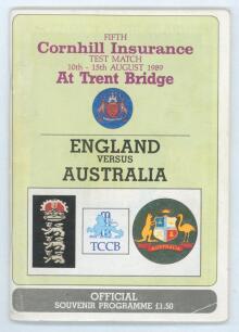 The Ashes. England v Australia 1989. Official programme for the 5th Test, Trent Bridge 10th- 15th August 1989. Signed to the player profile pages by nineteen players. Signatures are Gower, Cook, Fraser, Hemmings, Moxon, Russell, Small, Smith (England), Bo