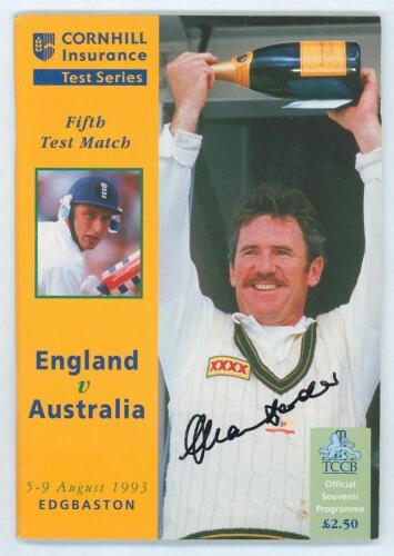 The Ashes. England v Australia 1993. Official programme for the 5th Test, Edgbaston 5th- 9th August 1993. Signed to the front cover by Allan Border, and to the player profile pages by twenty two players. Signatures are Atherton, Bicknell, Gooch, Hussain, 