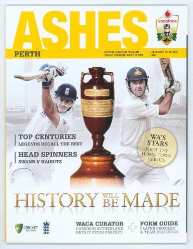 The Ashes. Australia v England 2010/11. Official programme for the 3rd Test, Perth 16th- 20th December 2010. Signed to the player profile pages by twenty eight players. Signatures are Ponting, Clarke, Bollinger, Haddin, Harris, Hughes, Johnson, Katich, No