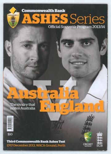 The Ashes. Australia v England 2013/14. Official programme for the 3rd Test, Perth 13th- 17th December 2013. Signed to the player profile pages by twenty nine players. Signatures are Johnson, Agar, Fawad Ahmed, Bailey, Harris, Khawaja, Haddin, Lyon, Roger