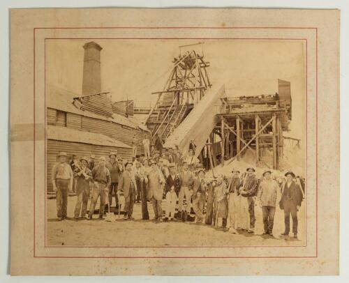 England tour to Australia 1881/82. Lillywhite, Shaw and Shrewsbury&rsquo;s tour. Early large original sepia photograph of members of the touring party visiting a gold mine near Melbourne in 1881. Alfred Shaw is depicted standing fourth from the left in the fron