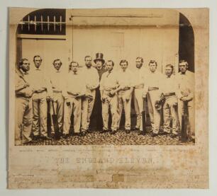 H.H. Stephenson&rsquo;s tour of Australia 1861/62. &lsquo;The England Eleven. Taken just previous to their departure for Australia Octr. 1861&rsquo;. Early large original sepia photograph of the team standing in one row wearing cricket attire with H.H. Stephenson to the ce