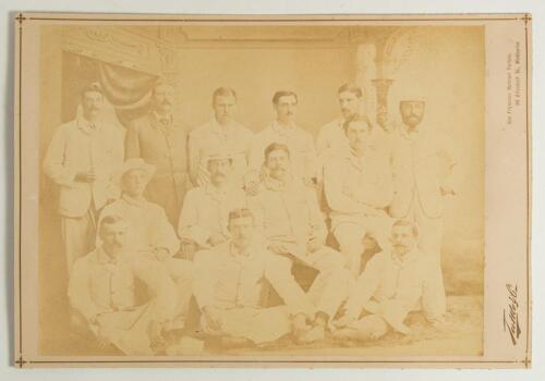 Ivo Bligh&rsquo;s England tour to Australia &lsquo;The Birth of the Ashes&rsquo; 1882/1883. Early large original sepia studio photograph of the team depicted seated and standing in rows wearing cricket attire. The players featured are Bligh (Captain), Leslie, Tylecote, Stu