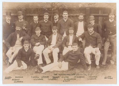 Australian tour to England 1888. Original early sepia photograph of the Australian team for the tour match v Surrey at Kennington Oval, 14th & 15th May 1888. The players and officials seated and standing in rows wearing tour blazers, some in caps. Players