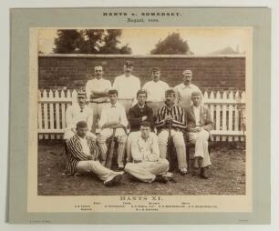 &lsquo;Hants v. Somerset. August, 1889&rsquo;. Large early original mono photograph of the Hampshire team seated and standing in rows wearing cricket attire and assorted caps and blazers. The photograph taken at Taunton for the match played 19th & 20th August 1889. P
