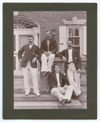Australian tour to North America 1896. Rare and early original mono photograph of the quartet of South Australian members of the touring party, Joe Darling, George Giffen, Clem Hill and Ernest Jones. The players standing and seated on the pavilion steps w