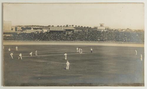 A.C. MacLaren&rsquo;s England tour to Australia 1901/02. Large original mono photograph of the match in play in the 4th Test, Australia v England at Sydney, 14th- 18th February 1902. The partially visible scoreboard indicates this is England batting on the firs