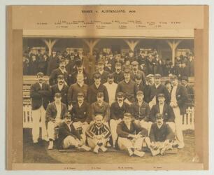 Australia tour to England 1902. &lsquo;Essex v. Australians, 1902&rsquo;. Large original sepia photograph of the two teams seated and standing in rows wearing cricket attire and assorted caps and blazers, in front of the pavilion with crowds in the background looking