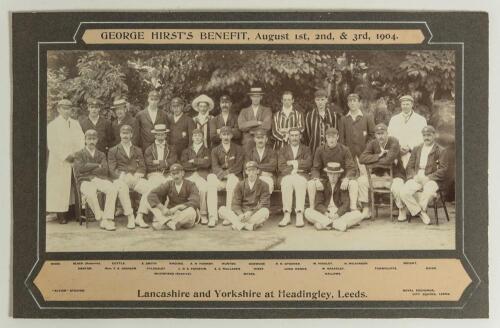 &lsquo;George Hirst&rsquo;s Benefit&rsquo;. Yorkshire v Lancashire, Headingley, Leeds 1904. A large and original mono photograph of the Yorkshire and the Lancashire teams prior to Hirst&rsquo;s Benefit Match on 1st, 2nd and 3rd August 1904. The players and umpires standing and s