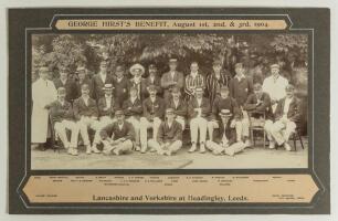 &lsquo;George Hirst&rsquo;s Benefit&rsquo;. Yorkshire v Lancashire, Headingley, Leeds 1904. A large and original mono photograph of the Yorkshire and the Lancashire teams prior to Hirst&rsquo;s Benefit Match on 1st, 2nd and 3rd August 1904. The players and umpires standing and s