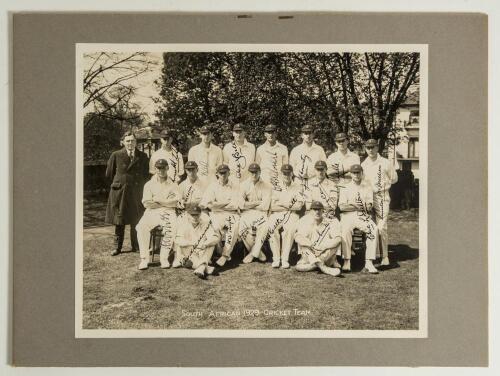 &lsquo;South Africa 1929 Cricket Team&rsquo;. Large official mono photograph of the South African touring party to England, the players seated and standing in rows wearing cricket attire and caps, with the manager, Frielinghaus. Printed title to lower portion of the 