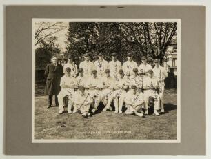 &lsquo;South Africa 1929 Cricket Team&rsquo;. Large official mono photograph of the South African touring party to England, the players seated and standing in rows wearing cricket attire and caps, with the manager, Frielinghaus. Printed title to lower portion of the 