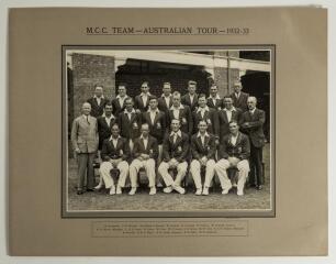 Bodyline. &lsquo;M.C.C. Team- Australian Tour- 1932-33&rsquo;. Large and impressive official mono photograph of the M.C.C. touring party who toured Australia in 1932/33. The team, standing and seated in rows, wearing M.C.C. touring blazers and cricket attire. The pho