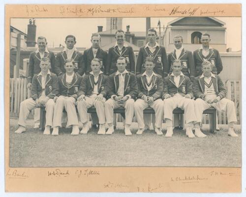 M.C.C. tour of Ceylon, Australia and, principally, New Zealand 1935/36. Official mono photograph of the M.C.C. team who toured New Zealand, seated and standing in rows and wearing tour blazers. The photograph laid down to mount and signed in black ink to 