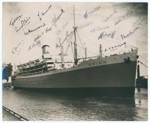 M.C.C. tour of Australia 1936/37. Large and impressive sepia photograph of the ship R.M.S. Orion in harbour in 1936. Signed to the skyline of the photograph by the M.C.C. touring party in black ink by all eighteen members of the touring party including th