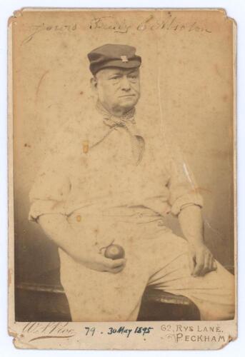 Charles Absolon 1817-1908. Rare and early original sepia cabinet card photograph of Absolon seated three quarter length wearing cricket attire and cap, ball in hand. The photograph is signed in ink to the top edge &lsquo;Yours Truly, C. Absolon&rsquo;, and dated in i