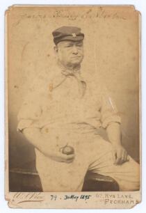 Charles Absolon 1817-1908. Rare and early original sepia cabinet card photograph of Absolon seated three quarter length wearing cricket attire and cap, ball in hand. The photograph is signed in ink to the top edge &lsquo;Yours Truly, C. Absolon&rsquo;, and dated in i