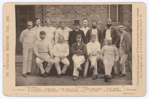 Australian tour to England 1888. Rare original sepia cabinet card of the Australian touring party, standing and seated in rows in cricket attire, the majority wearing caps. The photograph by London Stereoscopic Co. Printed title to left hand border &lsquo;The A