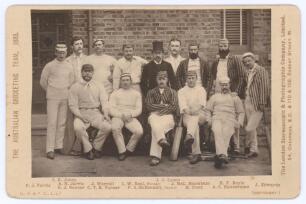 Australian tour to England 1888. Rare original sepia cabinet card of the Australian touring party, standing and seated in rows in cricket attire, the majority wearing caps. The photograph by London Stereoscopic Co. Printed title to left hand border &lsquo;The A