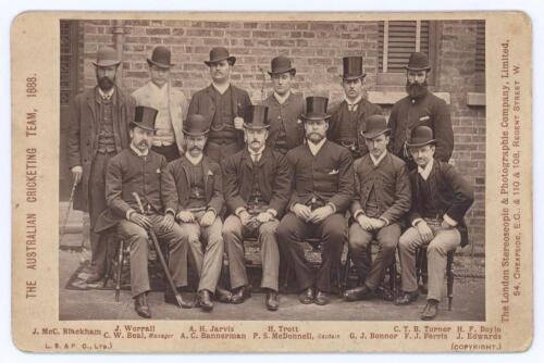 Australian tour to England 1888. Rare original sepia cabinet card of the Australian touring party, standing and seated in rows, unusually depicted wearing formal attire, top hats and bowlers. The photograph by London Stereoscopic Co. Printed title to left