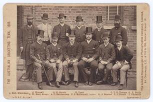 Australian tour to England 1888. Rare original sepia cabinet card of the Australian touring party, standing and seated in rows, unusually depicted wearing formal attire, top hats and bowlers. The photograph by London Stereoscopic Co. Printed title to left