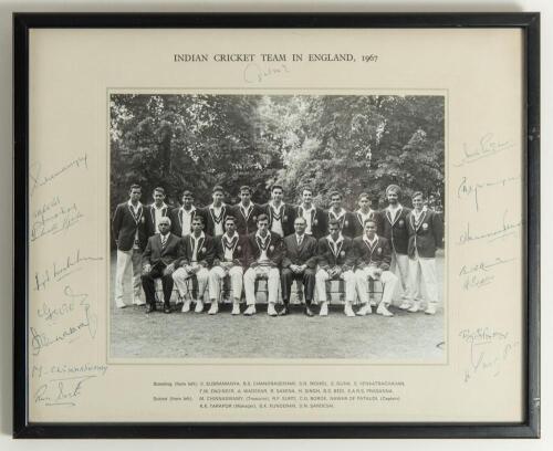 India tour to England 1967. Official mono photograph of the Indian touring party seated and standing in rows wearing tour blazers. The photograph measures 10&rdquo;x8&rdquo;, laid to photographer&rsquo;s mount with printed title and players&rsquo; names to mount borders. Fully a