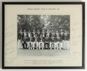 India tour to England 1967. Official mono photograph of the Indian touring party seated and standing in rows wearing tour blazers. The photograph measures 10&rdquo;x8&rdquo;, laid to photographer&rsquo;s mount with printed title and players&rsquo; names to mount borders. Fully a