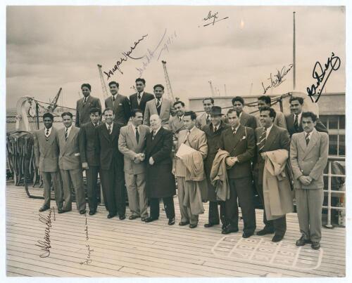 Pakistan inaugural tour to England 1954. Six original sepia press photographs from the 1954 tour. One depicts the team being welcomed on board ship on arrival at Southampton, signed in ink by seven players including Waqar Hasan, Khalid Hasan, Shuja-ud-din