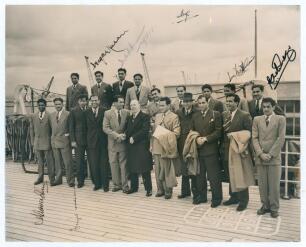Pakistan inaugural tour to England 1954. Six original sepia press photographs from the 1954 tour. One depicts the team being welcomed on board ship on arrival at Southampton, signed in ink by seven players including Waqar Hasan, Khalid Hasan, Shuja-ud-din