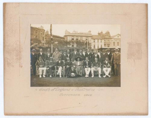 &lsquo;South of England v Australia. September 1912&rsquo;. Triangular Test tour. Rare and early original sepia photograph of the Australian and South of England teams and dignitaries taken together at the tour match played at Hastings, 9th- 11th September 1912. Play