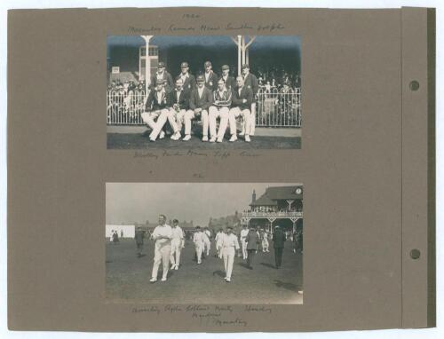 Scarborough 1921 & 1922, Middlesex v Essex 1910. Three original mono photographs laid to an album page. To one side is a photograph of the M.C.C. touring team to South Africa 1922 seated and standing in rows in front of the pavilion. Players are Mann (Cap