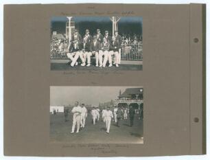 Scarborough 1921 & 1922, Middlesex v Essex 1910. Three original mono photographs laid to an album page. To one side is a photograph of the M.C.C. touring team to South Africa 1922 seated and standing in rows in front of the pavilion. Players are Mann (Cap