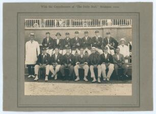 M.C.C. tour to Australia 1920/21. Official sepia photograph of the M.C.C. touring party seated and standing in rows wearing cricket attire and blazers. Laid down to photographer&rsquo;s mount with printed title to upper border, &lsquo;With the compliments of &ldquo;The Dai