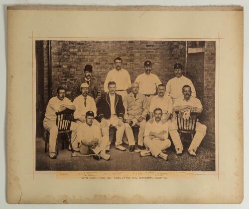&lsquo;Notts County Team, 1891. Taken at The Oval, Kennington, August 3rd&rsquo;. Large original sepia photograph of the Nottinghamshire team seated and standing in rows wearing cricket attire, assorted caps and blazers. Printed title and players&rsquo; names to lower bord