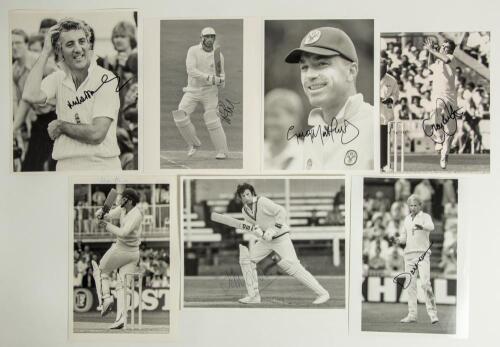 The Ashes. England v Australia 1975-1990s. Thirty original mono and colour press photographs of England and Australia players in match action and net practice of which seven are signed. Signatures are John Snow, Mike Brearley, Graham Gooch, Mike Atherton,