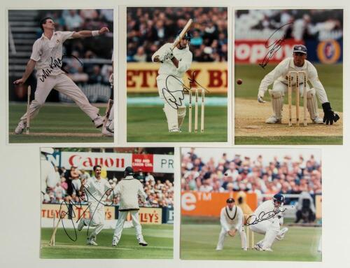Australia tour to England 1997. Thirty original colour press photographs of England and Australia players in Test and one day international match action and at practice, of which five are signed. Signatures are Michael Kasprowicz, Jason Gillespie (Austral